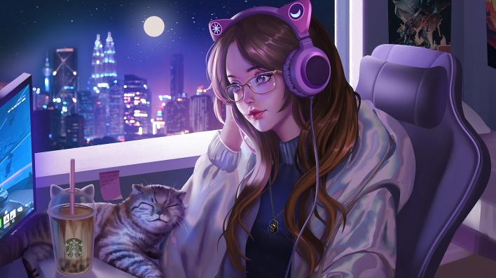 девушка кот аниме за компьютером наушники ночь