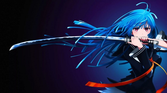 аниме девушка с синими волосами с катаной на синем фоне