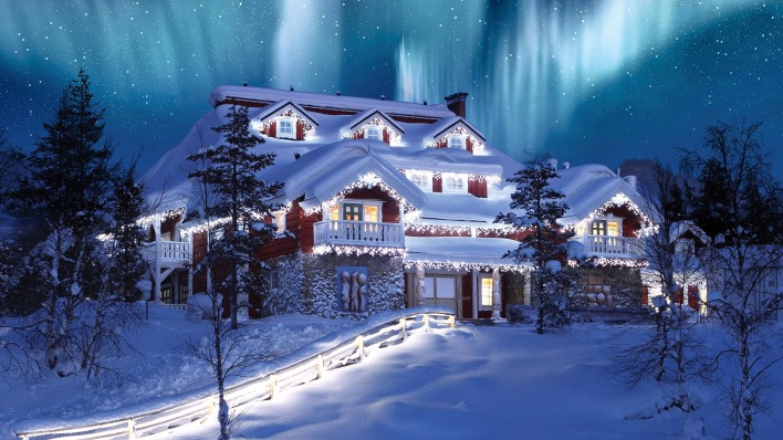 снег зима сияние дом огни ночь snow winter lights the house night