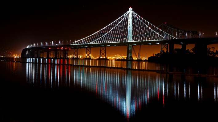 мост огни отражение ночь