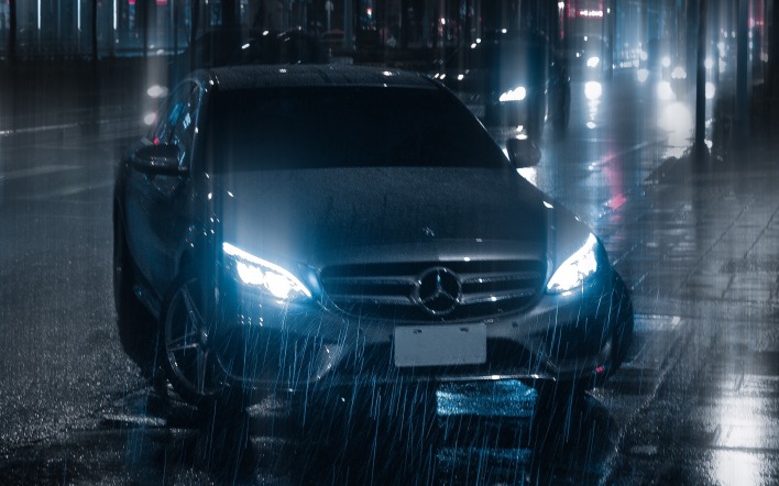 мерседес фары ночь дождь автомобиль улица