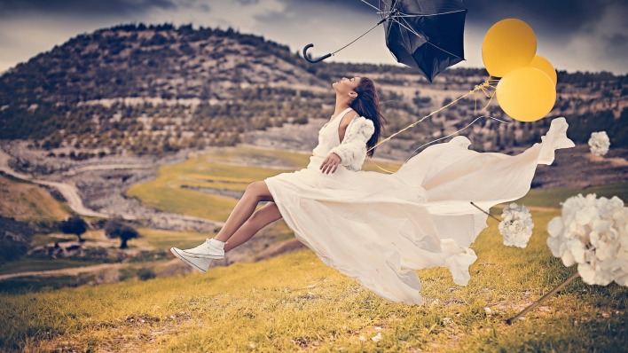 девушка платье белое зонт воздушные шары
