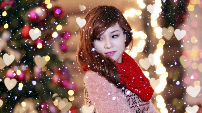 девушка азиатка блики боке снежинки