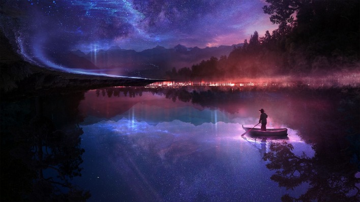 озеро ночь свечение рыбак лодка