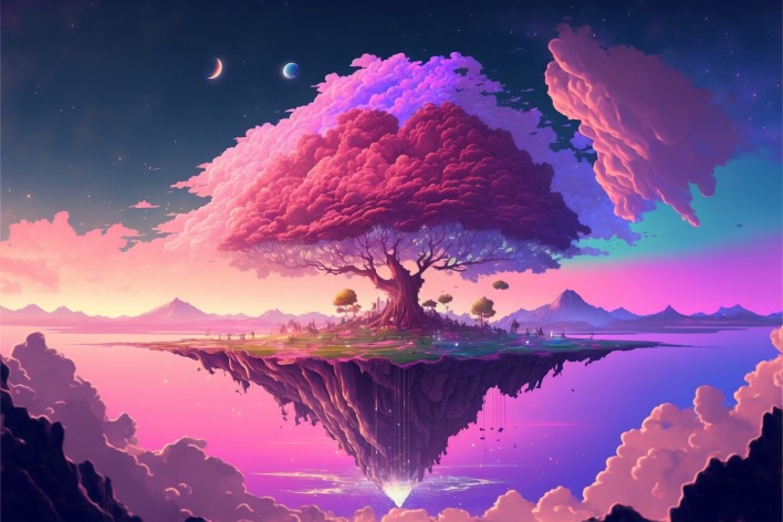 дерево остров луна небо парящий