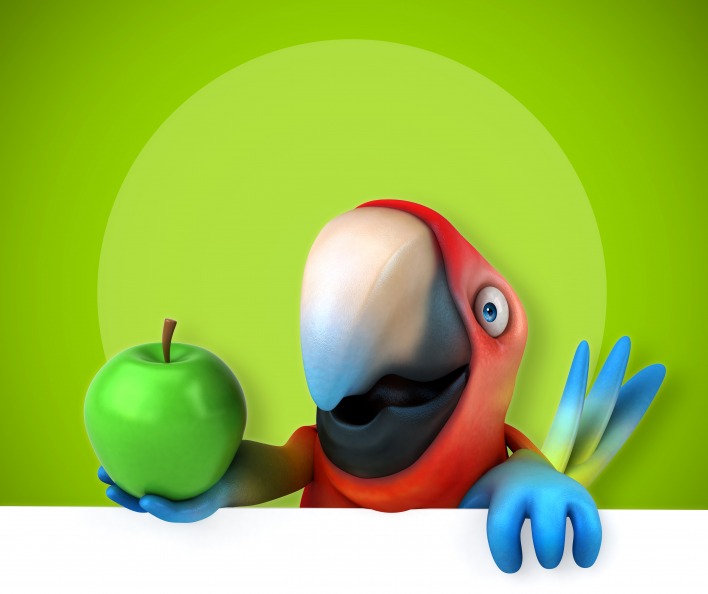попугай, зелёный, яблоко, юмор, 3d графика, птичка