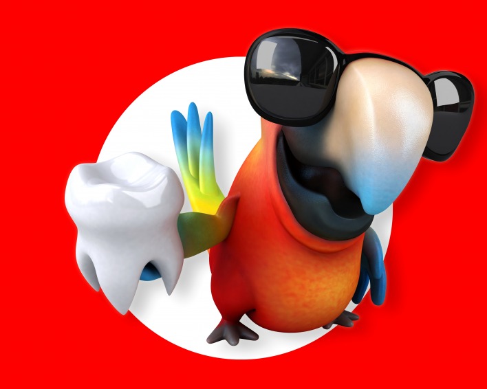 Попугай, красный, зуб, юмор, 3D графика