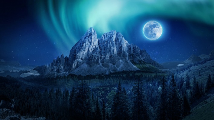 гора луна ночь вершина северное сияние сияние