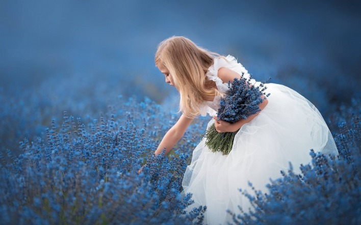 девочка поле платье цветы синие
