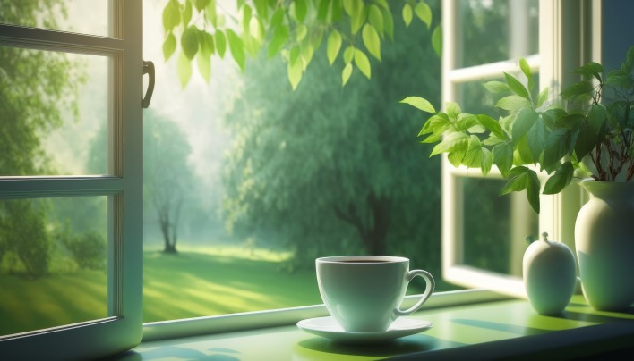 утро чашка чай окно зелень