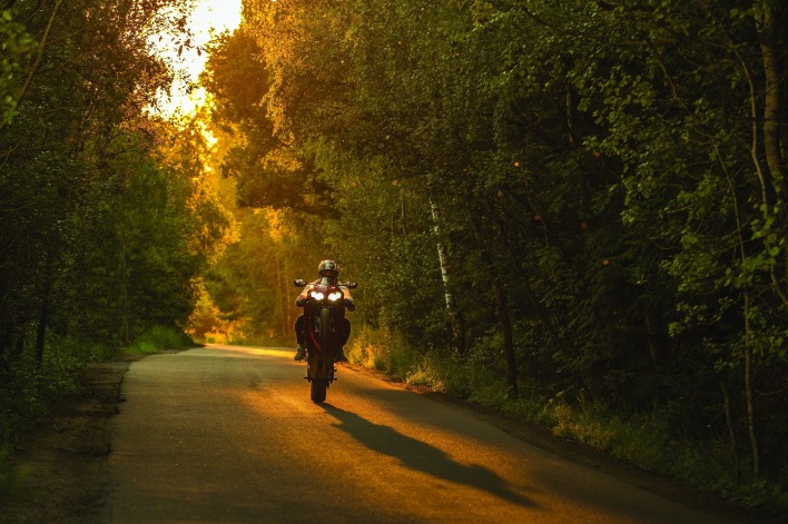 мотоцикл лес дорога закат