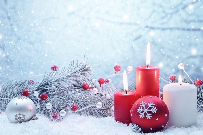 свечи ель снег шары candles spruce snow balls