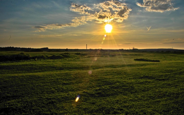Солнце перед закатом на поле