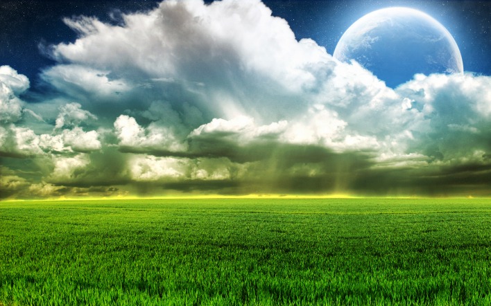 луна, облака, трава