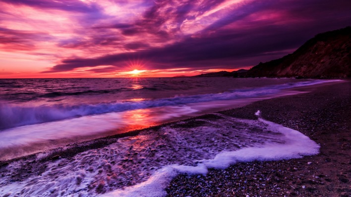 природа солнце небо облака море побережье пляж камни