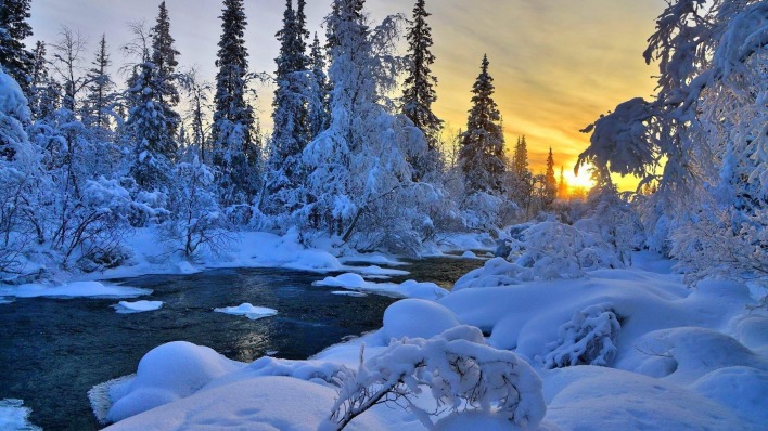 зима закат снег речка winter sunset snow the river