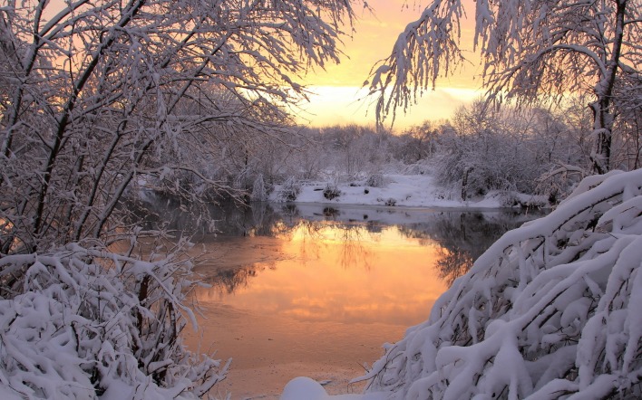 закат снег речка sunset snow the river