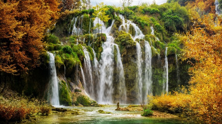 природа водопад осень деревья