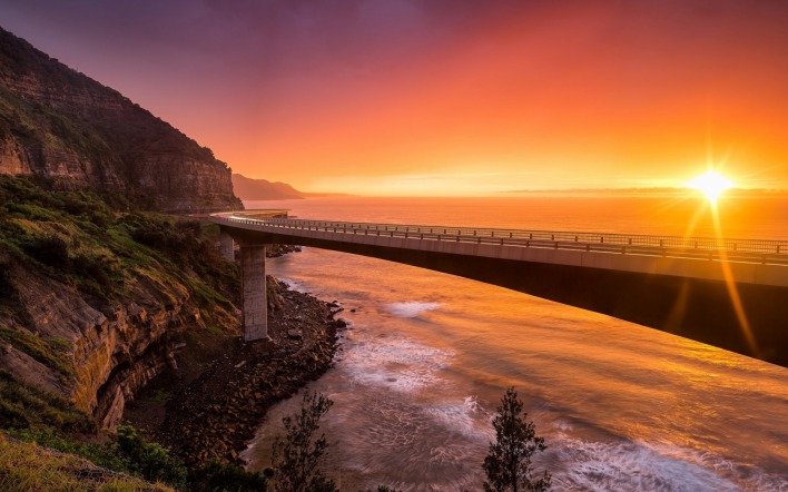 мост берег закат море скалы