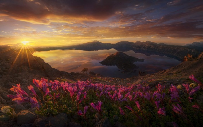 Озеро рассвет цветы высота горы