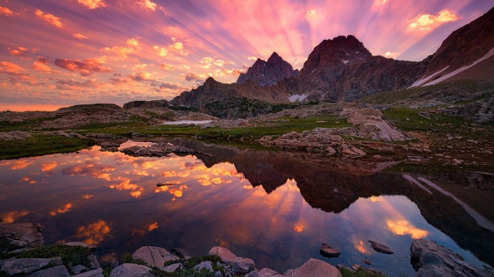 горы озеро закат небо отражение