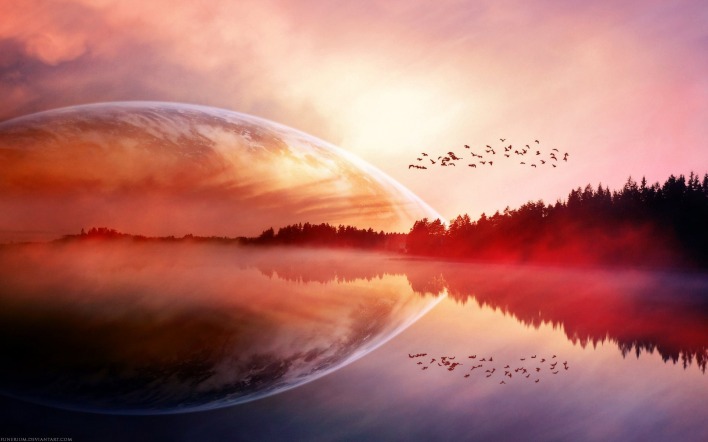 озеро туман рассвет планета испарение