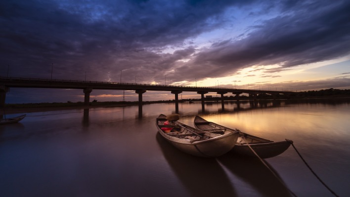 река лодки вечер сумерки мост