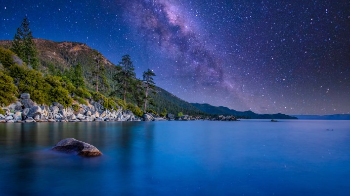 озеро горы сумерки галактика звезды штиль