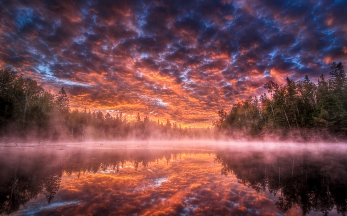 закат озеро облака лес
