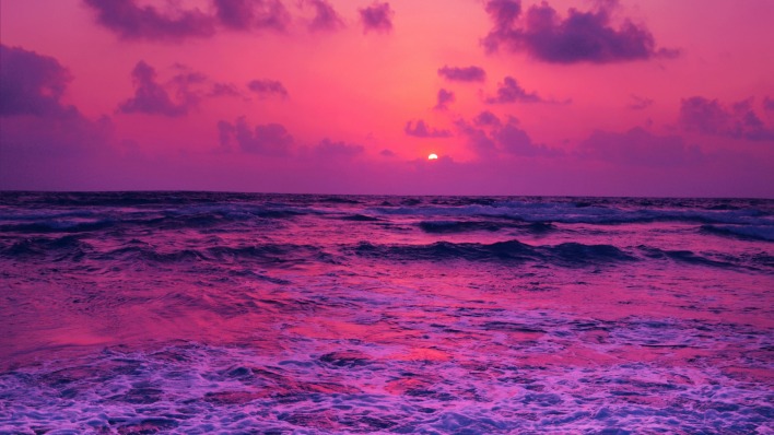 закат море шторм волны розовый