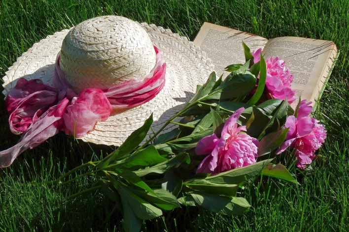 шляпка, книжка, цветы, лужайка