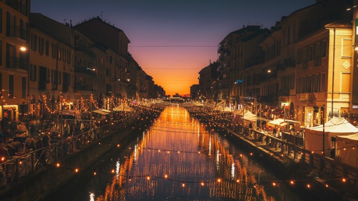 Италия,Милан,река,ночь,огни