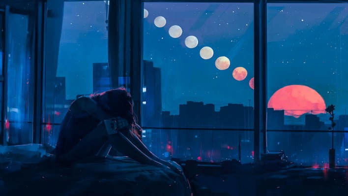 окно город ночь луна