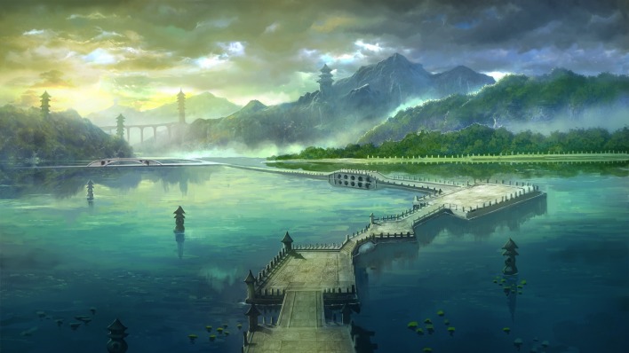 Мост вода горы небо рисунок