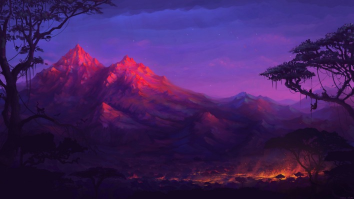 горы рисунок закат красный