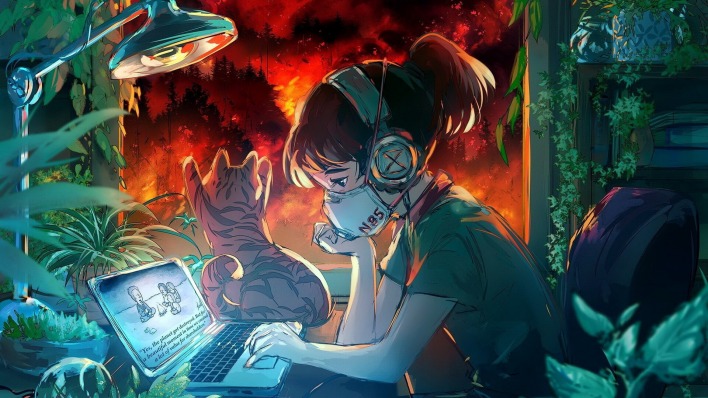 девушка аниме геймер кот ноутбук