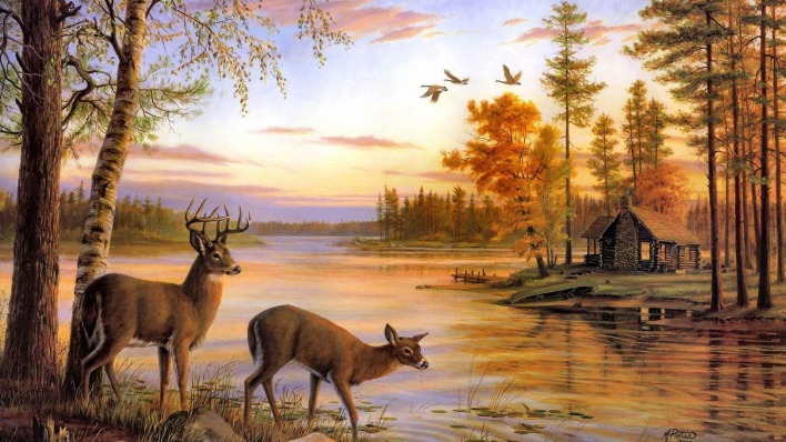 живопись природа олени домик озеро