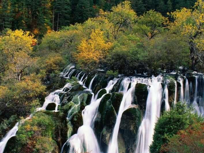 Waterfall Cascading in Nine-Village Valley, Sichuan, China