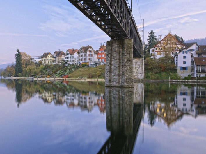 Colorful Homes Reflecting on Rhine River, Schaffhausen, Switzerland