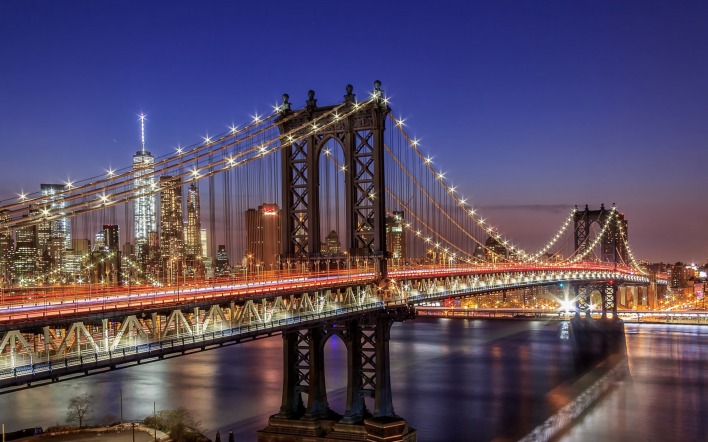 Манхэттенский мост город ночь огни
