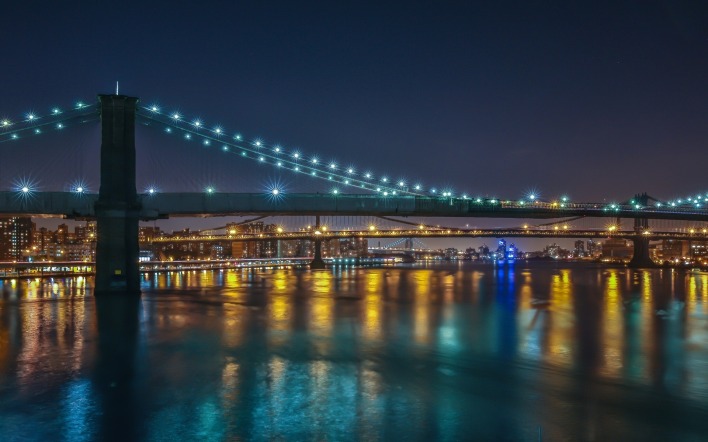 мост река город огни вечер ночь