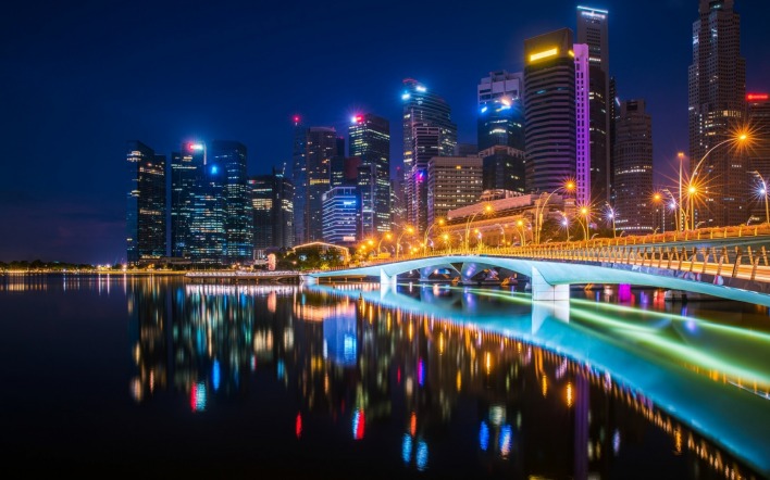 небоскребы город отражение мост огни ночного города