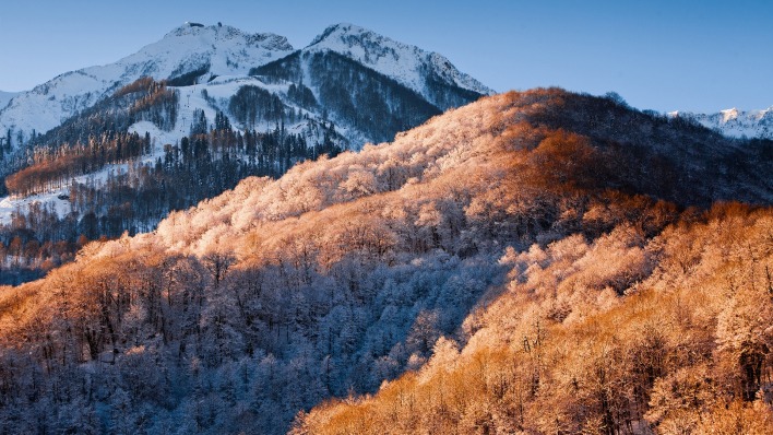 зима снег горы рассвет
