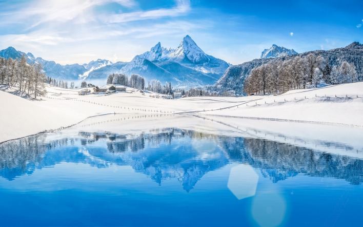 зима озеро горы снег отражение