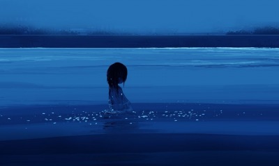 девушка озеро аниме ночь