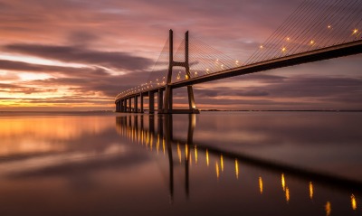 мост огни закат небо