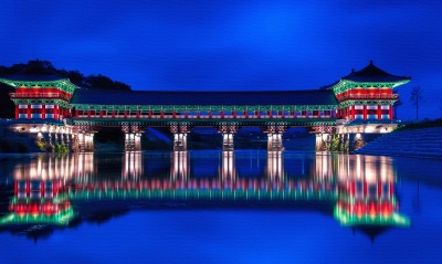 япония над водой сумерки водоем отражение мост