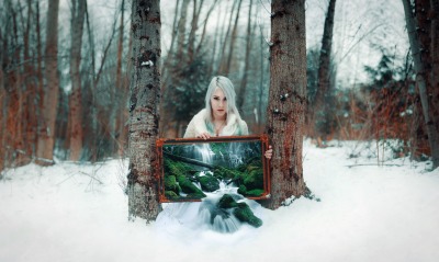 Снег лес девушка картина