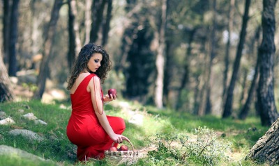девушка красное пл лес деревья мох корзина яблоки