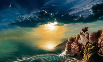 рисунок природа море скалы девушка